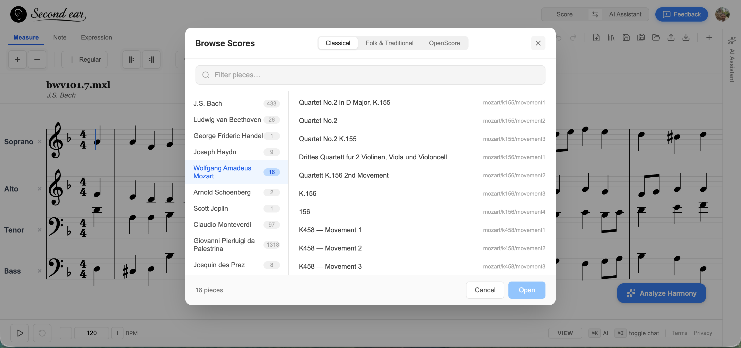 Browse Scores library showing Classical, Folk & Traditional, and OpenScore collections with composers like Bach, Beethoven, Mozart, Palestrina