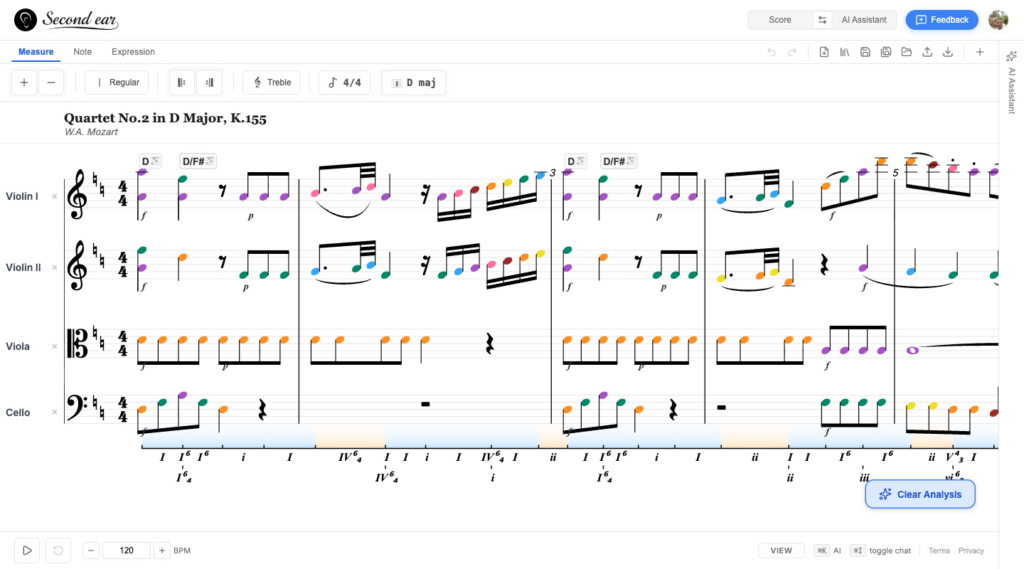 Same score with colored noteheads, chord labels, and Roman numeral analysis overlaid